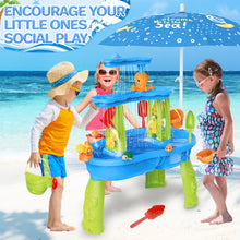 Load image into Gallery viewer, 3-Tier Sand and Water Table with Umbrella &amp; Beach Toys  Outdoor Sand Water Play Table for Kids Summer Backyard Toy with Water Wheel, Buckets, and Accessories, Ideal for Boys &amp; Girls
