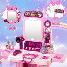 Load image into Gallery viewer, Kids Beauty Vanity Set with Suitcase Dressing Table Hair Salon Pretend Makeup &amp; Hairdressing Toy Set Portable Dressing Table Princess Dress Up Playset Gift Toddler

