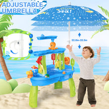 Load image into Gallery viewer, 3-Tier Sand and Water Table with Umbrella &amp; Beach Toys  Outdoor Sand Water Play Table for Kids Summer Backyard Toy with Water Wheel, Buckets, and Accessories, Ideal for Boys &amp; Girls
