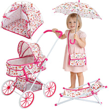 Load image into Gallery viewer, Baby Doll Stroller Playset for Kids, Umberlla, Play Tent, Beach Chair, Diaper Bag Role Play Baby Doll Accessories Set for Toddlers Ages 3+
