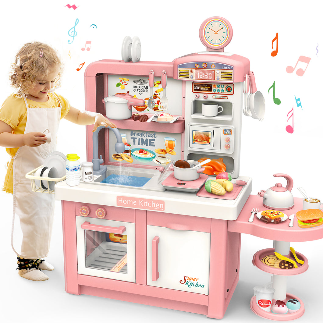 Kids Pretend Kitchen Toy Role Play Set with Light & Sound w/ Induction Cooktop Electronic Sink Coffee Maker Microwave Cooking Toy for Kids-K29-P