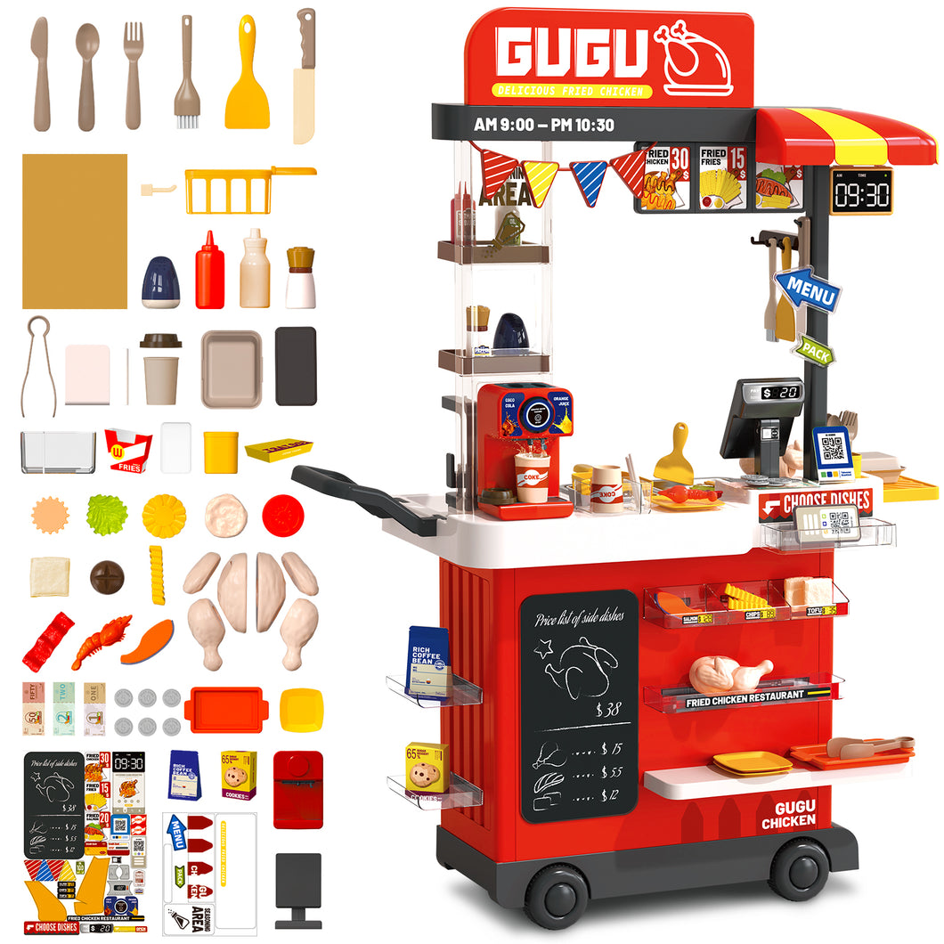 Kids Play Kitchen Fried Chicken Shop Pretend Cooking Food Truck with Lights & Sounds Role Play Toy Set for Boys & Girls Age 3-6 Birthday & Christmas Gift Idea