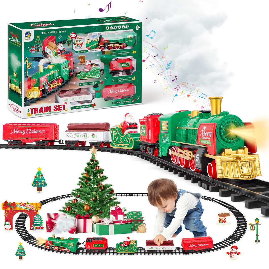 Christmas Train Set with Steam, Lights & Music -Electric Holiday Toy Train with Realistic Smoke,1 Locomotive + 4 Carriages + 12 Tracks- Festive Under-Tree Decoration & Gift for Kids 3+