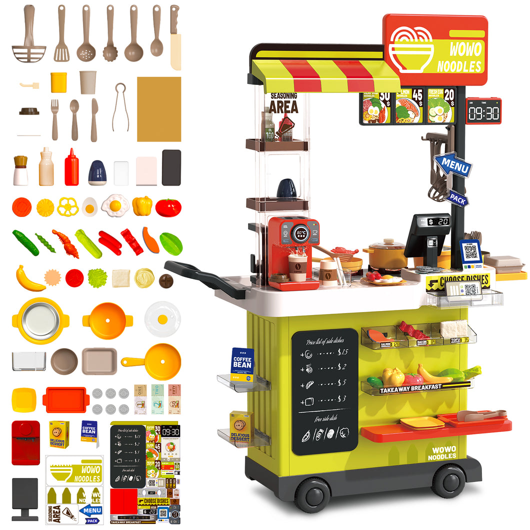 Kids Play Kitchen Fried Chicken Shop Pretend Food Truck with Lights, Sounds & Color-Changing Food Role Play Cooking Toy Set for Boys & Girls Ages 3-6 Birthday & Christmas Gift