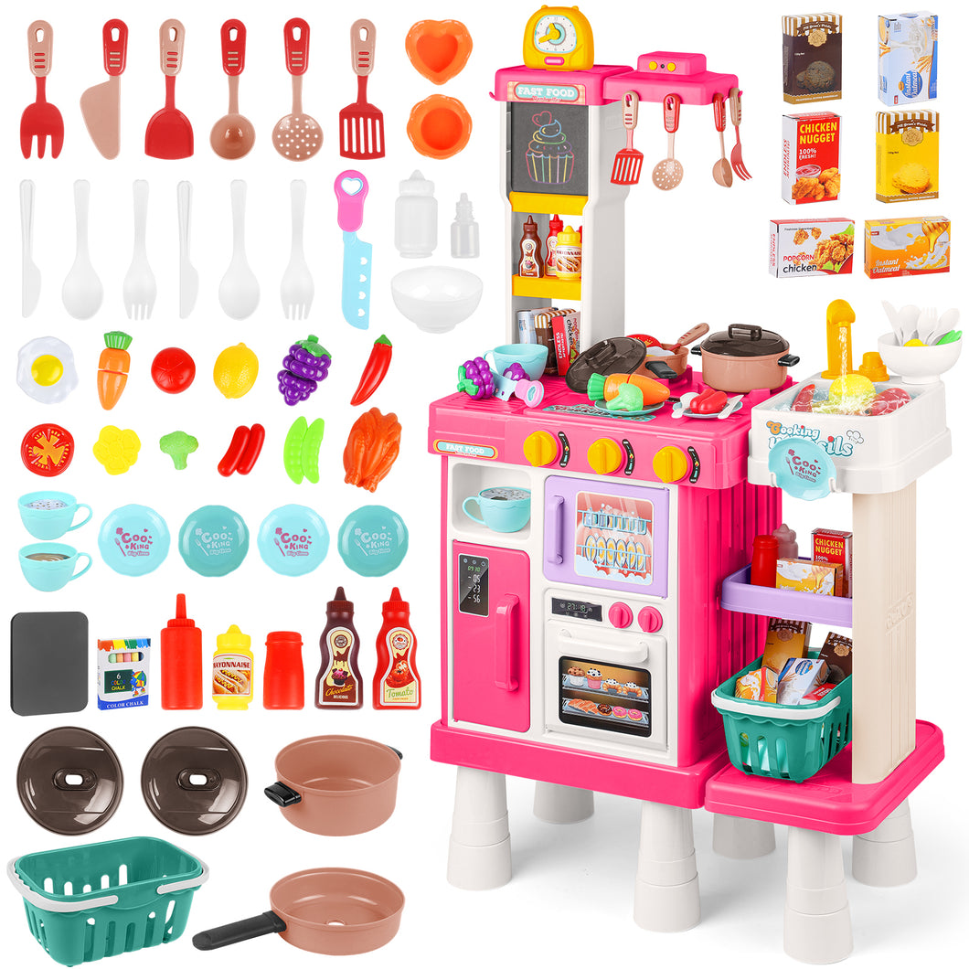 Pink Play Kitchen Set Pretend Cooking Toys with Stove Oven Utensils for Kids