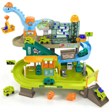 Load image into Gallery viewer, Kids Dinosaur Multi-Level Parking Garage Playset with Car Lift, Ramp, Vehicles &amp; Accessories – Educational Toy for Children 3+ Years
