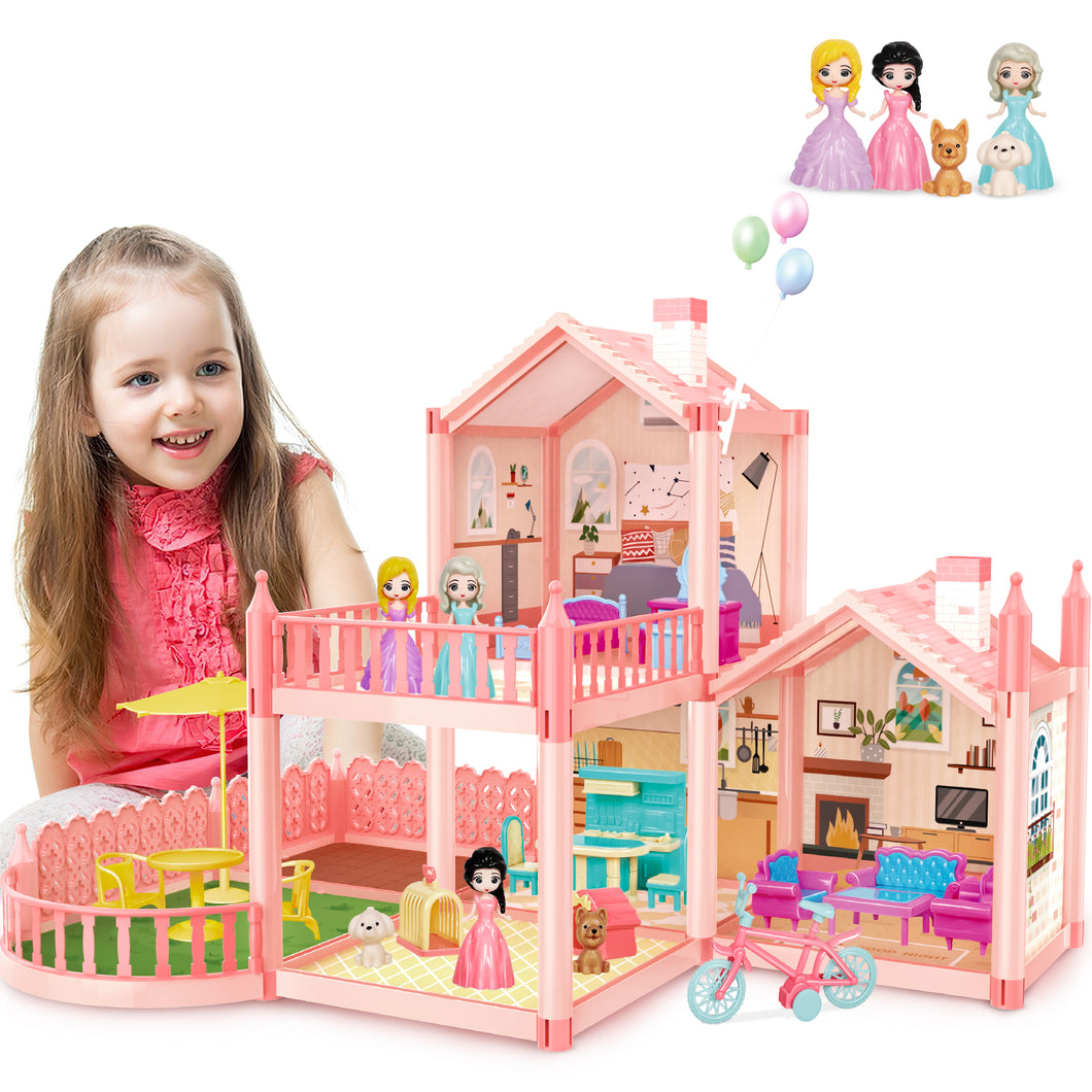 Dollhouse Dreamhouse Pretend Play 2-Story 7 Big Rooms Dollhouse 7-8 Dollhouse Furniture DIY Building Plastic Dollhouse for 3+ Kids Gifts-DH-10