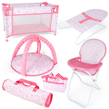 Load image into Gallery viewer, Deluxe 4 -in-1 Baby Doll Accessories with toy high chair play mat toy crib toy baby swing crib and two portable bags£¨Doll not included£©
