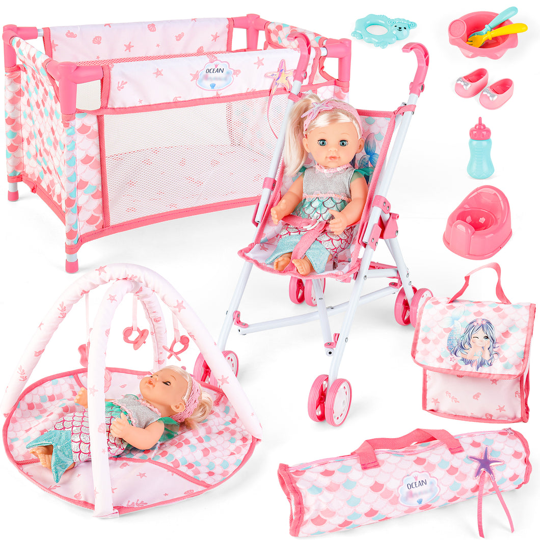 Deluxe Mermaid-Themed Baby Doll Playset – Includes Stroller, Crib, Play Mat, Potty, Feeding Accessories, and Mermaid Outfit – Perfect Gift for Girls' Role-Playing, Birthday, or Christmas