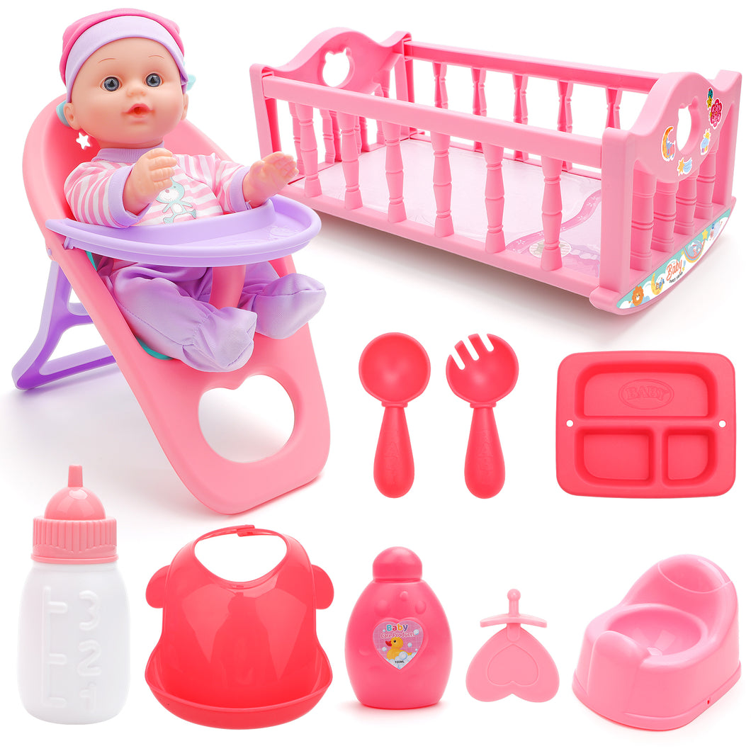 Miniature 12in Baby Doll Play Set Pretends Toy Set with Miniature Crib and Feeding Accessories