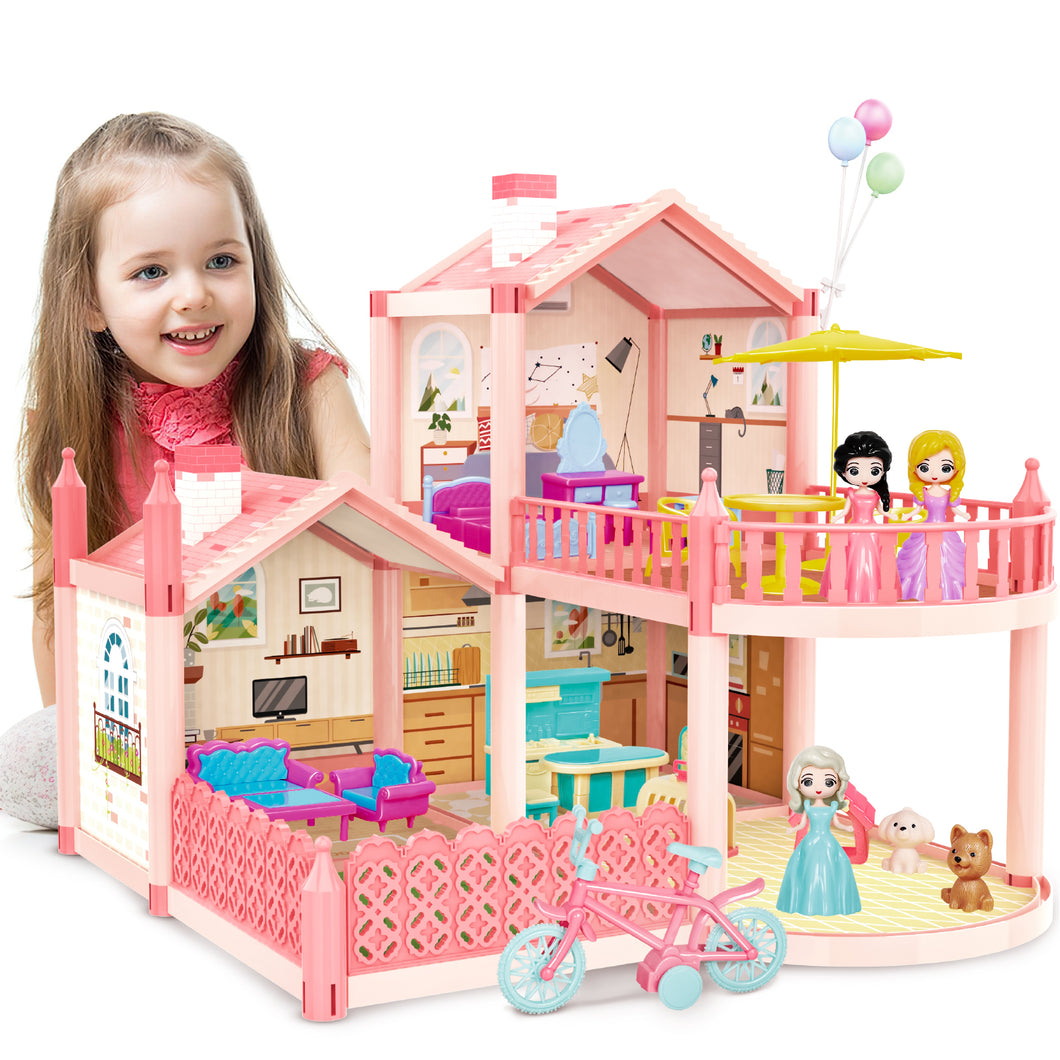 Pink Doll House Set Large 2-Story Barbie Doll Dollhouse + Furniture Figures