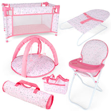 Load image into Gallery viewer, Deluxe 4 -in-1 Baby Doll Accessories with toy high chair play mat toy crib toy baby swing crib and two portable bags（Doll not included）
