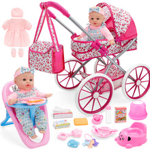 Load image into Gallery viewer, 12-inch Baby Doll Feeding Play Set with Stroller High Chair, Feeding Set, Clothes, Storage Bag, Complete Nursery Kit Pretend Play Set Gift for Kids 3+
