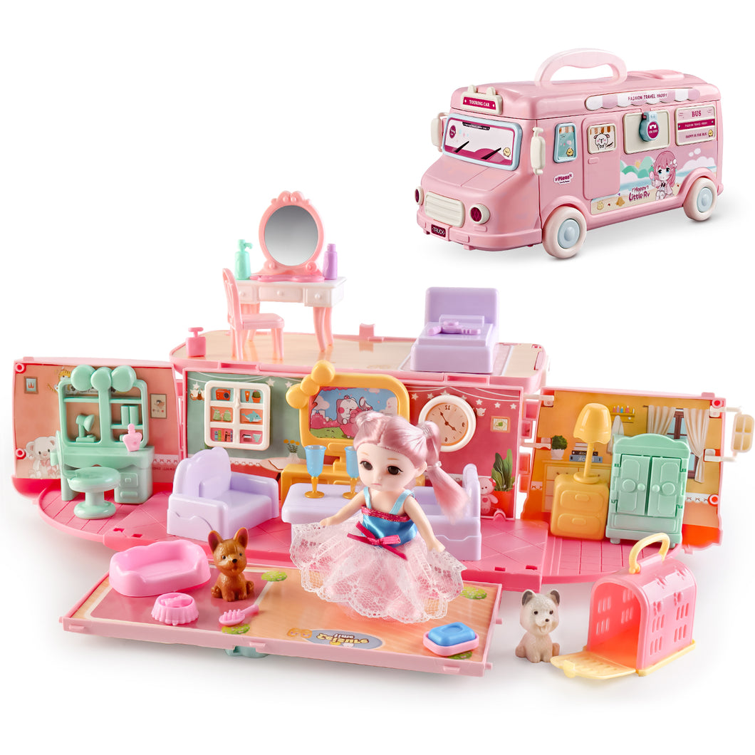 Dollhouse Playset Portable House Toy for Kids 2 in 1 Playhouse Set 32pcs Accessories with Furniture & Figures Pink