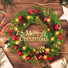 Load image into Gallery viewer, Christmas Wreath for Front Door Holiday Wreath with LED Lights, Pinecones, Red Ornaments &amp; Golden Accents – Xmas Garland for Indoor Outdoor Wall, Window, Party Decoration
