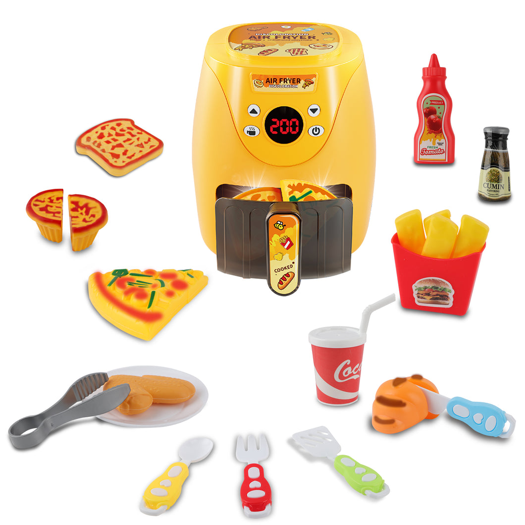 Kitchen Play Set Kids Air Fryer Pretend Role Play Kitchen Toy with Kitchen Accessories with Realistic Light Sound & Play Food