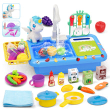 Load image into Gallery viewer, Kids Kitchen Sink Playset with Real Running Water ¨C Includes Colorful Food Accessories, Cookware, Hanging Rack, Chopping Board, and Ample Storage Space ¨C Fun and Educational Role-Play Toy for Boys and Girls Aged 3+
