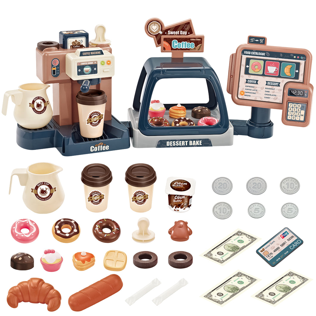 Pretend Kitchen Play Store Coffee Playset Toddlers Coffee Maker Play Set Dessert Shopping with Coffee Machine Cash Registers Toy Kids Age 3+-SCR-9