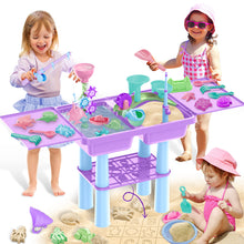 Load image into Gallery viewer, Purple or Blue Activity Sandbox Sensory Table for Kids Summer Outdoor Multifunctional Table Toy with 23PCS Beach Toy, 2 Fishing Pool Toys such as sand and water table, sand mold, shovel, watering can, and more
