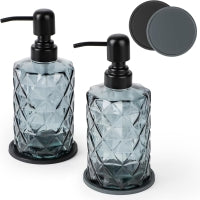 Load image into Gallery viewer, Glass Soap Dispenser Set – 2 × 330ml Thick Glass Bottles with 304 Stainless Steel Pump &amp; 2 Coasters – Refillable Hand Soap &amp; Lotion Dispensers for Kitchen &amp; Bathroom (Black)
