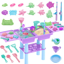 Load image into Gallery viewer, Purple or Blue Activity Sandbox Sensory Table for Kids Summer Outdoor Multifunctional Table Toy with 23PCS Beach Toy, 2 Fishing Pool Toys such as sand and water table, sand mold, shovel, watering can, and more
