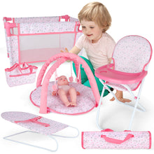 Load image into Gallery viewer, Deluxe 4 -in-1 Baby Doll Accessories with toy high chair play mat toy crib toy baby swing crib and two portable bags（Doll not included）
