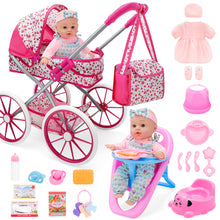 Load image into Gallery viewer, 12-inch Baby Doll Feeding Play Set with Stroller High Chair, Feeding Set, Clothes, Storage Bag, Complete Nursery Kit Pretend Play Set Gift for Kids 3+
