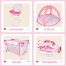 Load image into Gallery viewer, Deluxe 4 -in-1 Baby Doll Accessories with toy high chair play mat toy crib toy baby swing crib and two portable bags（Doll not included）
