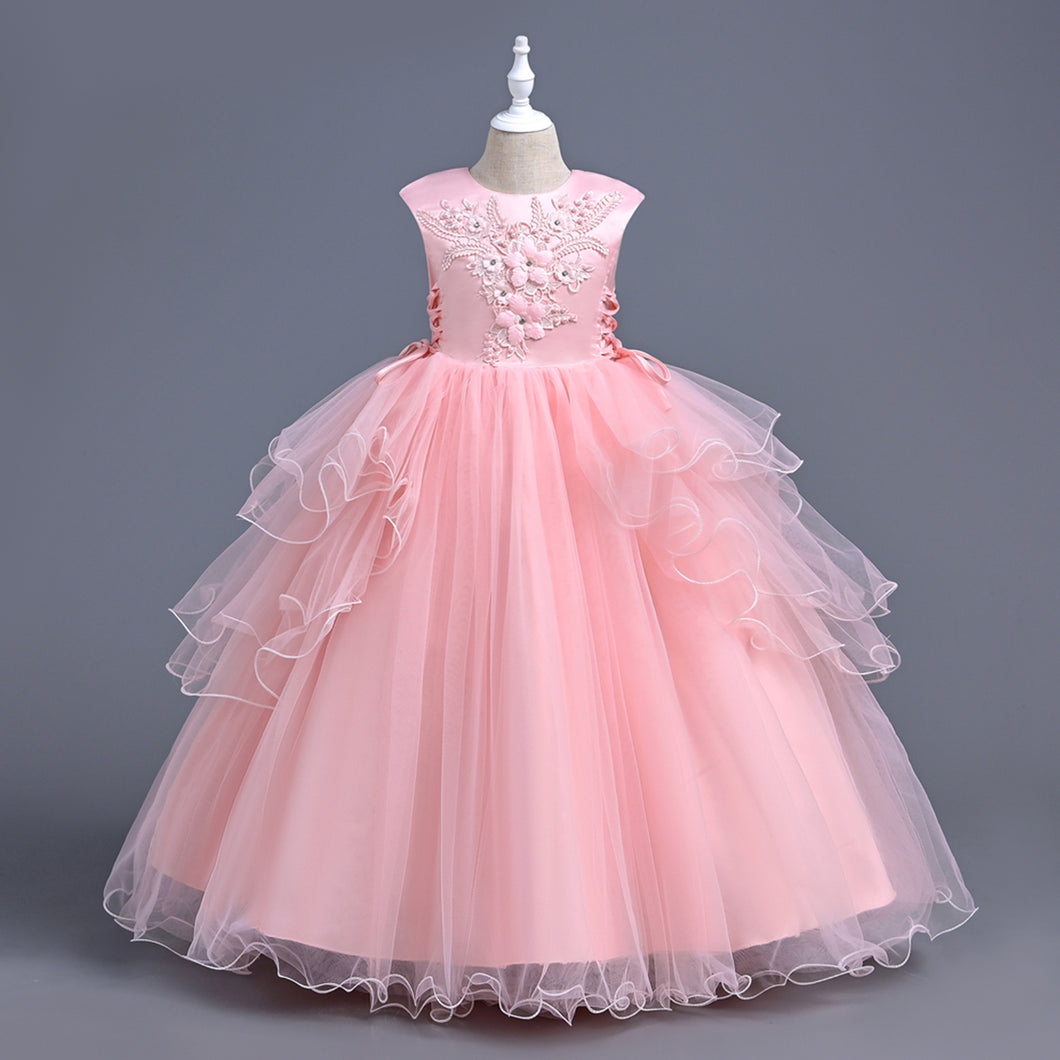 Girls Lace Tulle Embroidered Princess Prom Ball Gown Formal Party Long Tail Dresses Children Princess Prom Host Dress Flower Girl Dresses Dance Pageant Birthday Christmas Party for 110cm-160cm Height Kids