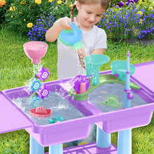 Load image into Gallery viewer, Purple or Blue Activity Sandbox Sensory Table for Kids Summer Outdoor Multifunctional Table Toy with 23PCS Beach Toy, 2 Fishing Pool Toys such as sand and water table, sand mold, shovel, watering can, and more
