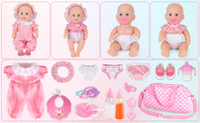 Load image into Gallery viewer, 17 PCS New Born Baby Doll Care Accessories Set (Doll Not Included)  Includes doll clothes,  shoes,  lace headband,  milk bottle,  juice bottle,  pacifiers,  diapers,  bib,  plate,  spoon,  fork,  rattles,  storage bag
