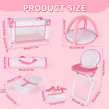 Load image into Gallery viewer, Deluxe 4 -in-1 Baby Doll Accessories with toy high chair play mat toy crib toy baby swing crib and two portable bags（Doll not included）
