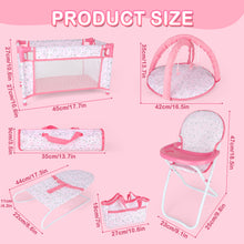 Load image into Gallery viewer, Deluxe 4 -in-1 Baby Doll Accessories with toy high chair play mat toy crib toy baby swing crib and two portable bags£¨Doll not included£©

