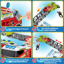 Load image into Gallery viewer, 2-in-1 Transformable Fire Truck Toy for Kids – Interactive Fire Engine Rescue Playset with Launcher, Ladder &amp; Mini Cars,Perfect Birthday &amp; Christmas Gift
