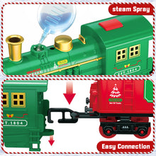 Load image into Gallery viewer, Christmas Train Set with Steam, Lights &amp; Music -Electric Holiday Toy Train with Realistic Smoke,1 Locomotive + 4 Carriages + 12 Tracks- Festive Under-Tree Decoration &amp; Gift for Kids 3+
