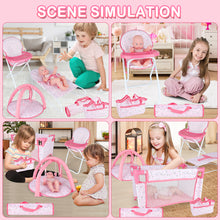 Load image into Gallery viewer, Deluxe 4 -in-1 Baby Doll Accessories with toy high chair play mat toy crib toy baby swing crib and two portable bags（Doll not included）
