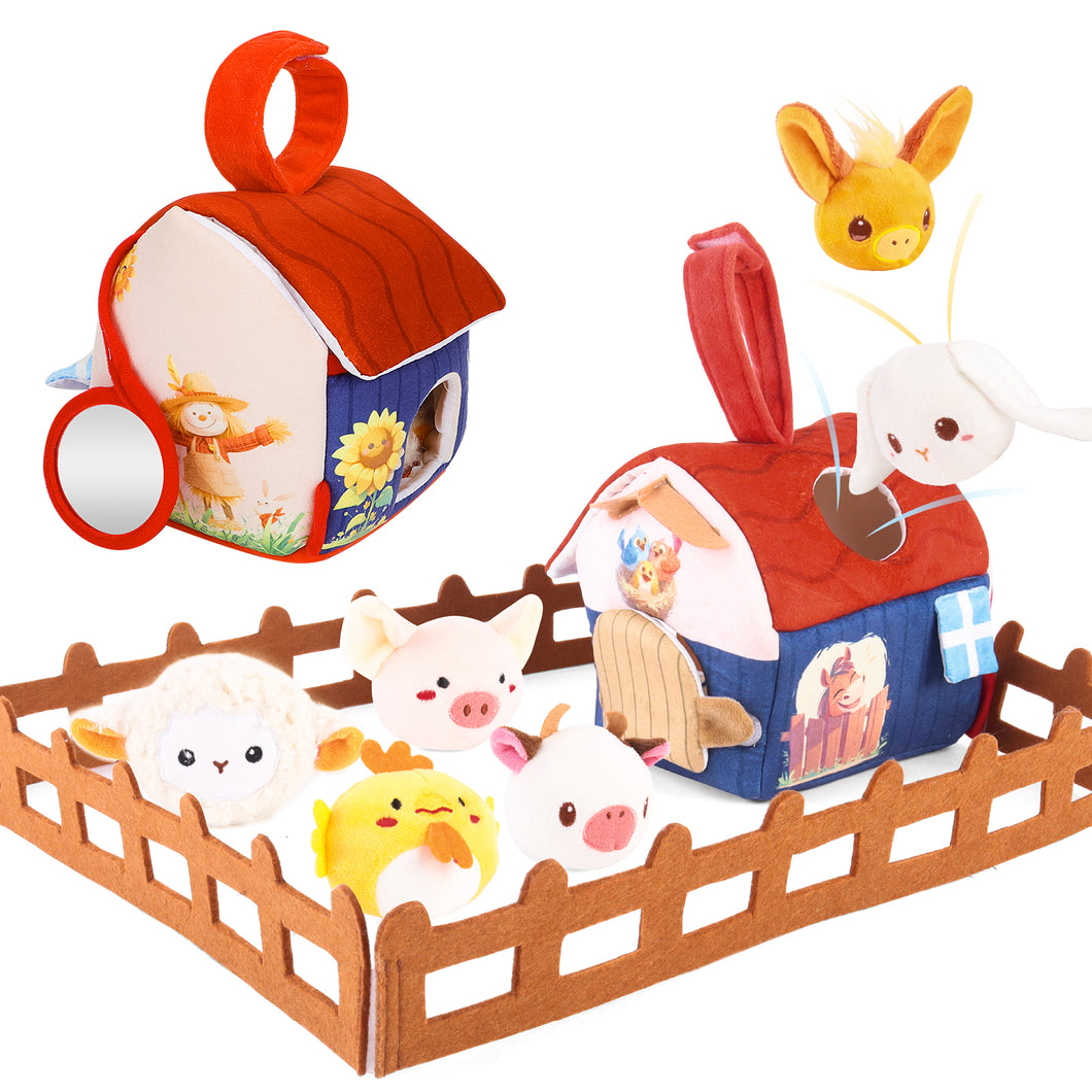 Plush Barn with Stuffed Farm Animals, Rattle,Crinkle Paper & Baby Mirror - Montessori- Inspired Sensory Toys for 6 Month+ Infants, Toddler Balls 1-3 Years -Ideal Gifts for 1 Year Old Boys & Girls