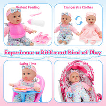 Load image into Gallery viewer, 12-inch Baby Doll Feeding Play Set with Stroller High Chair, Feeding Set, Clothes, Storage Bag, Complete Nursery Kit Pretend Play Set Gift for Kids 3+
