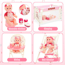 Load image into Gallery viewer, Complete Baby Doll Accessories Nursery Set Pretend Role Play Cot Set for Kids 3+ with this pink-themed set, featuring a doll crib, high chair with food tray, foldable stroller

