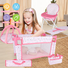 Load image into Gallery viewer, Deluxe 4 -in-1 Baby Doll Accessories with toy high chair play mat toy crib toy baby swing crib and two portable bags（Doll not included）
