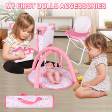 Load image into Gallery viewer, Deluxe 4 -in-1 Baby Doll Accessories with toy high chair play mat toy crib toy baby swing crib and two portable bags（Doll not included）
