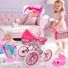 Load image into Gallery viewer, 12-inch Baby Doll Feeding Play Set with Stroller High Chair, Feeding Set, Clothes, Storage Bag, Complete Nursery Kit Pretend Play Set Gift for Kids 3+
