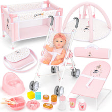 Load image into Gallery viewer, Baby Doll Nursery Playset with 12" Doll, Stroller, Crib, Play Mat &amp; Travel Bags – Complete Pretend Baby Care Set with Accessories – Role‑Play Toy for Kids Ages 3–8
