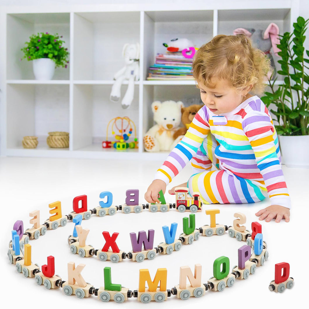 Wooden Alphabet Train Set for Toddlers – 27 PCS Magnetic Wooden Train Cars with A–Z Letters – Montessori Educational Toy for Preschool Kids Age 3+ – Early Learning & STEM Development Gift