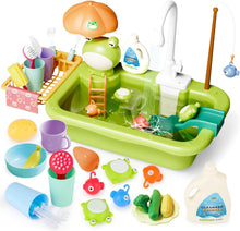 Load image into Gallery viewer, Green Frog Kitchen Play Sink with Running Water Pretend Play Wash-up Kitchen Sets Upgraded Water Faucet Kids Role Play Dishwasher Toy
