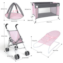 Load image into Gallery viewer, 5 in 1 Baby Doll Pretend Accessories Play Set Pink Baby Doll Pushchair Cot Play Mat Travel Vag Set fits to 12&quot;,13&quot;,14&quot; Doll (doll not included)
