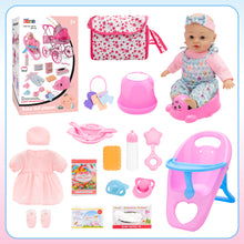 Load image into Gallery viewer, 12-inch Baby Doll Feeding Play Set with Stroller High Chair, Feeding Set, Clothes, Storage Bag, Complete Nursery Kit Pretend Play Set Gift for Kids 3+
