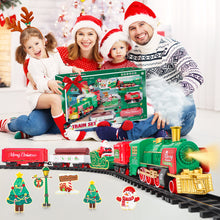 Load image into Gallery viewer, Christmas Train Set with Steam, Lights &amp; Music -Electric Holiday Toy Train with Realistic Smoke,1 Locomotive + 4 Carriages + 12 Tracks- Festive Under-Tree Decoration &amp; Gift for Kids 3+
