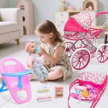 Load image into Gallery viewer, 12-inch Baby Doll Feeding Play Set with Stroller High Chair, Feeding Set, Clothes, Storage Bag, Complete Nursery Kit Pretend Play Set Gift for Kids 3+
