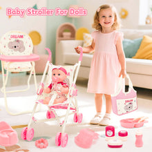Load image into Gallery viewer, Complete Baby Doll Accessories Nursery Set Pretend Role Play Cot Set for Kids 3+ with this pink-themed set, featuring a doll crib, high chair with food tray, foldable stroller
